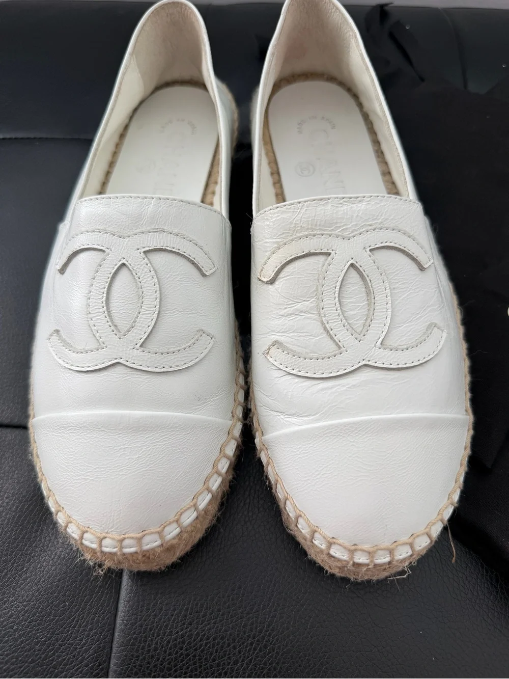 CHANEL White Leather CC Espadrilles Shoes Flats Size 36